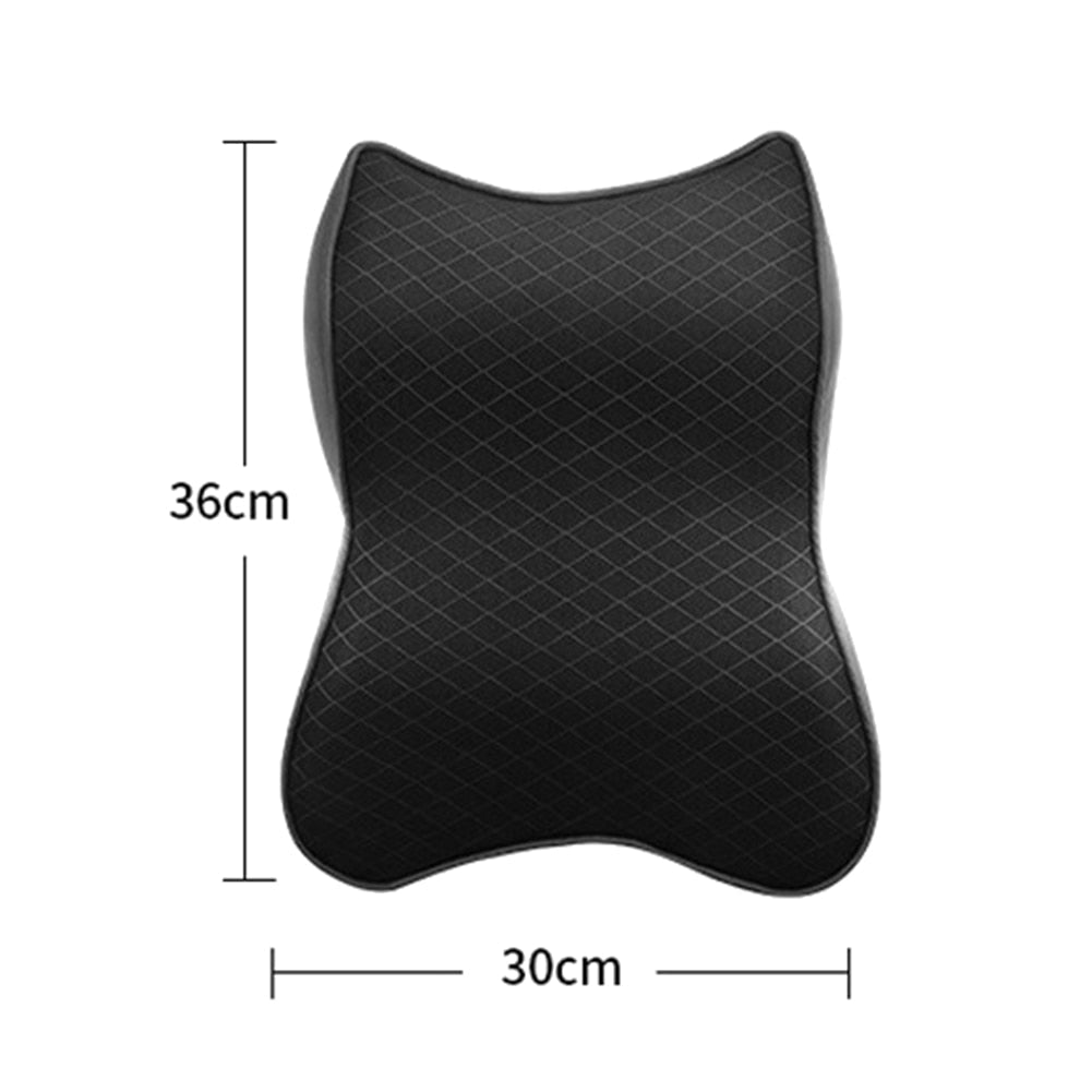 Black car neck pillow with measurements on a white background