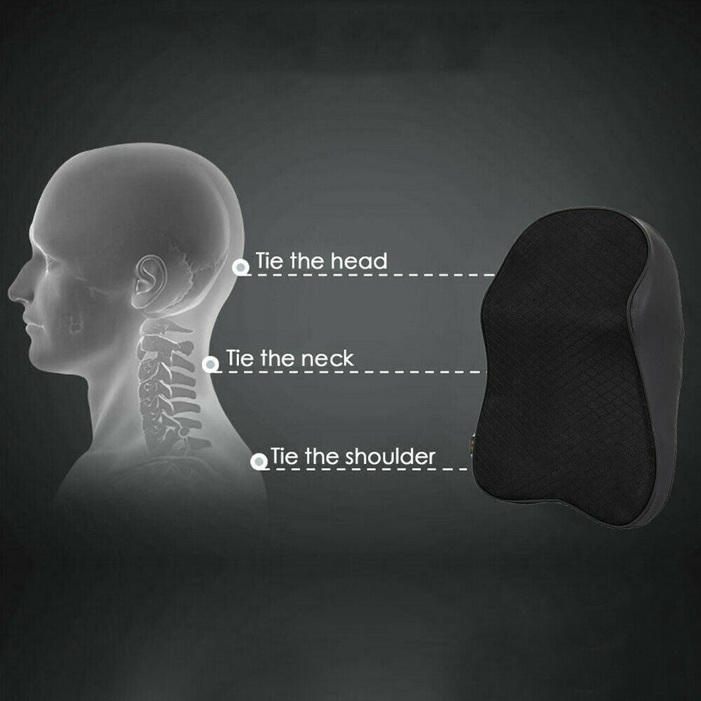 Neck pillow with anatomical diagram of head, neck, and shoulder on a dark background
