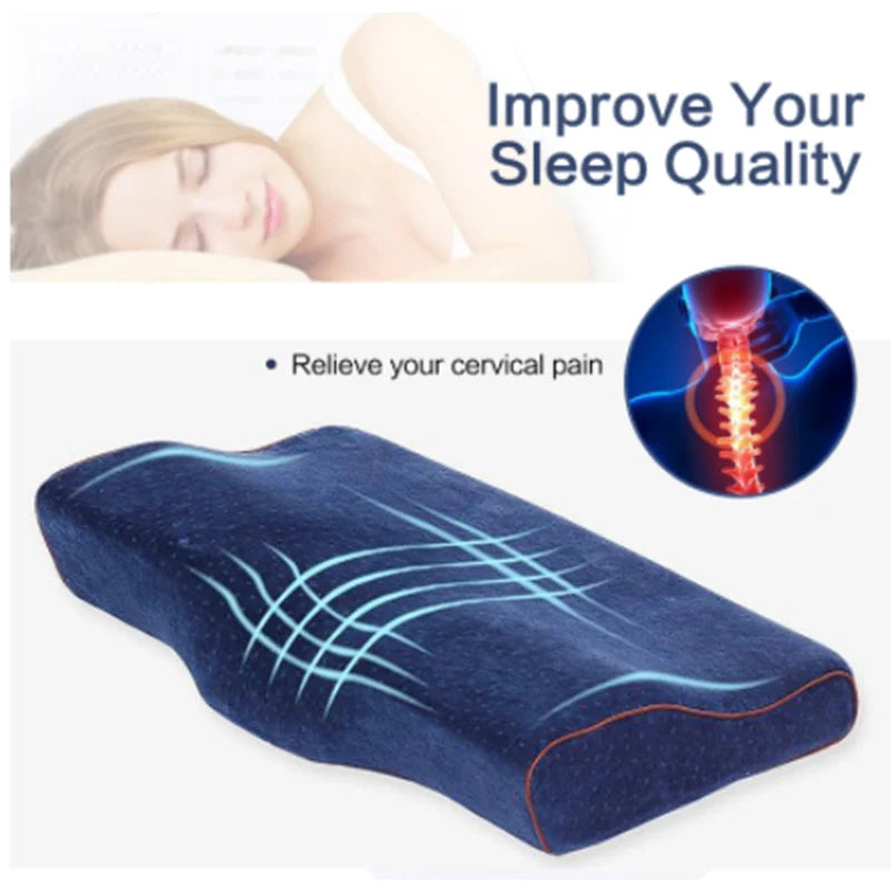 Blue cervical pillow with text on improving sleep quality and relieving cervical pain.