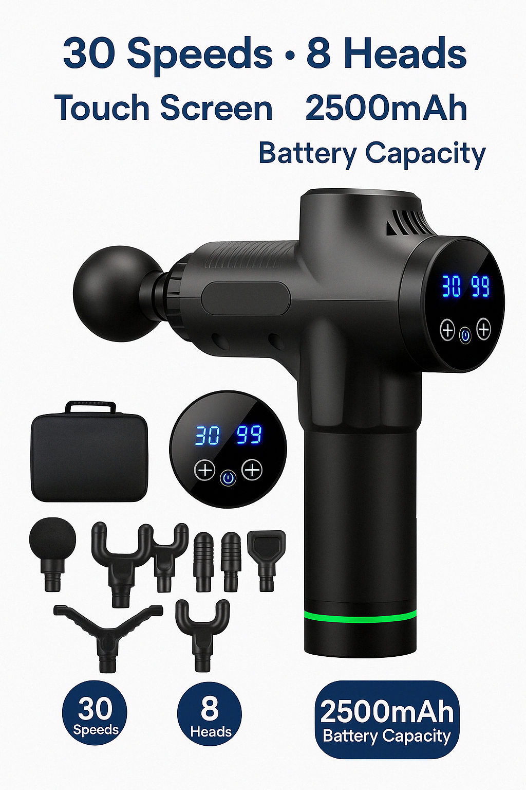 N - Professional Massage Gun - 30 Speeds/8 Heads - Touch Screen