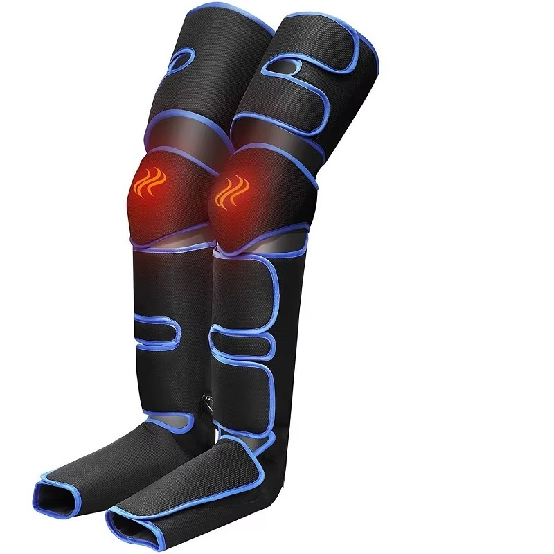 Cordless air compression leg massager in black and blue, front view showing heated knee panels and full leg coverage.
