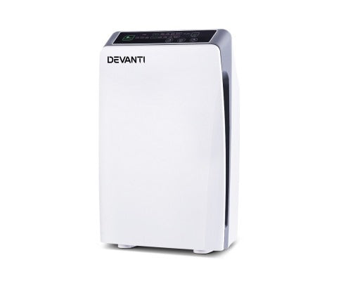 White HEPA air purifier from Aussie Revive shown front on, with H11 filter system, ioniser and digital air quality display panel visible.