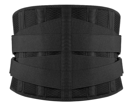 Lower back brace with six stays, hero view, adjustable elastic straps and anti-skid bands that help keep stable lumbar support under clothing.