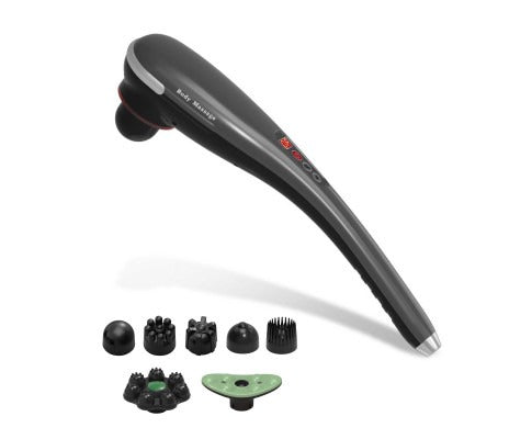 Rechargeable body hammer massager in black and silver, front view with long handle, LED panel and versatile massage heads for full-body use.