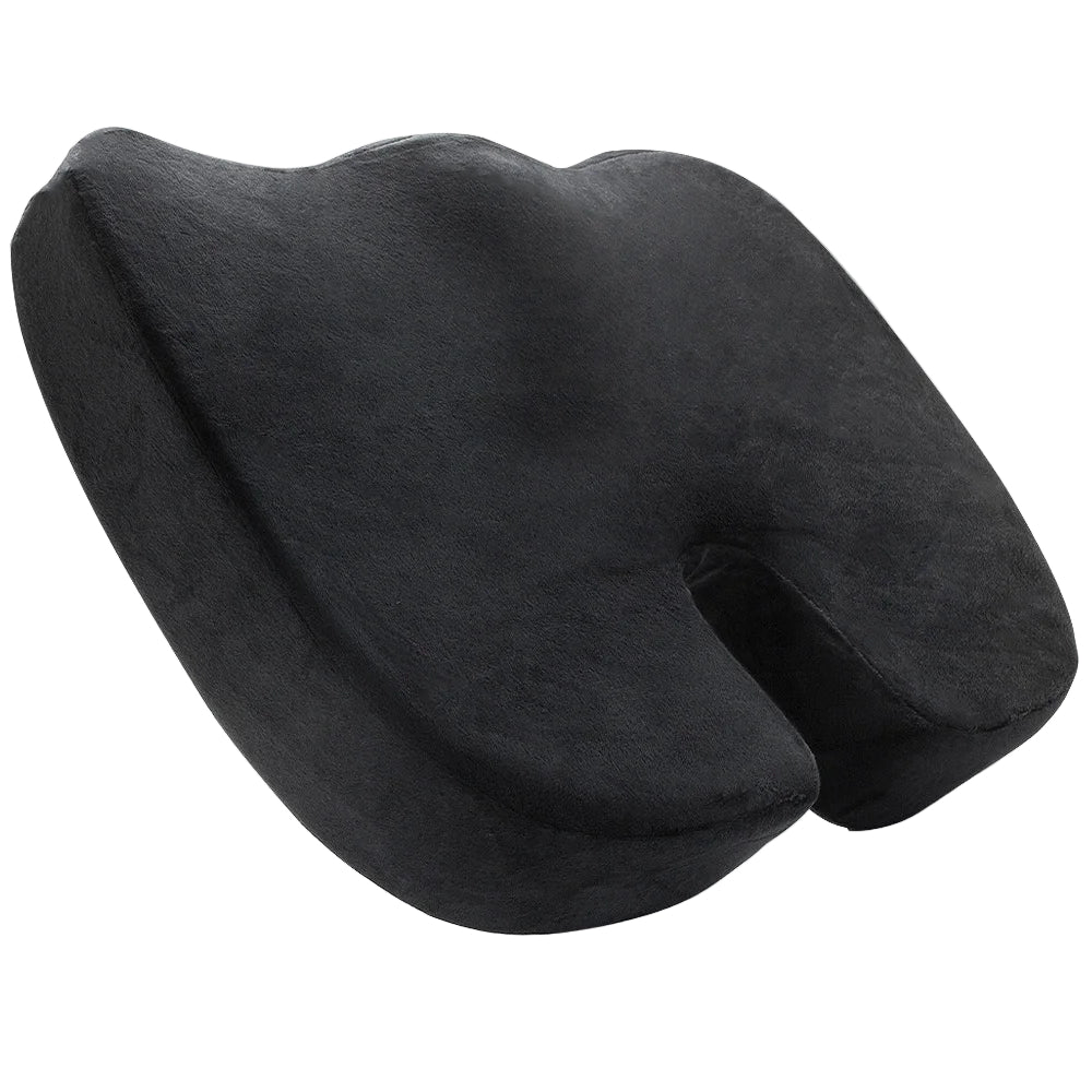 Coccyx cushion with U-shaped cut-out in black, front hero view, showing medium-firm memory foam seat that helps support tailbone comfort.