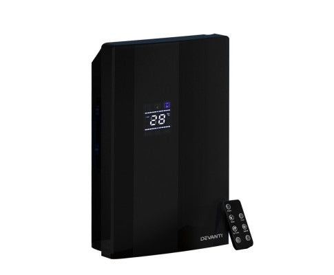 Black 2L dehumidifier and air purifier shown front on, highlighting compact design, LCD display and 2L tank for home air comfort.