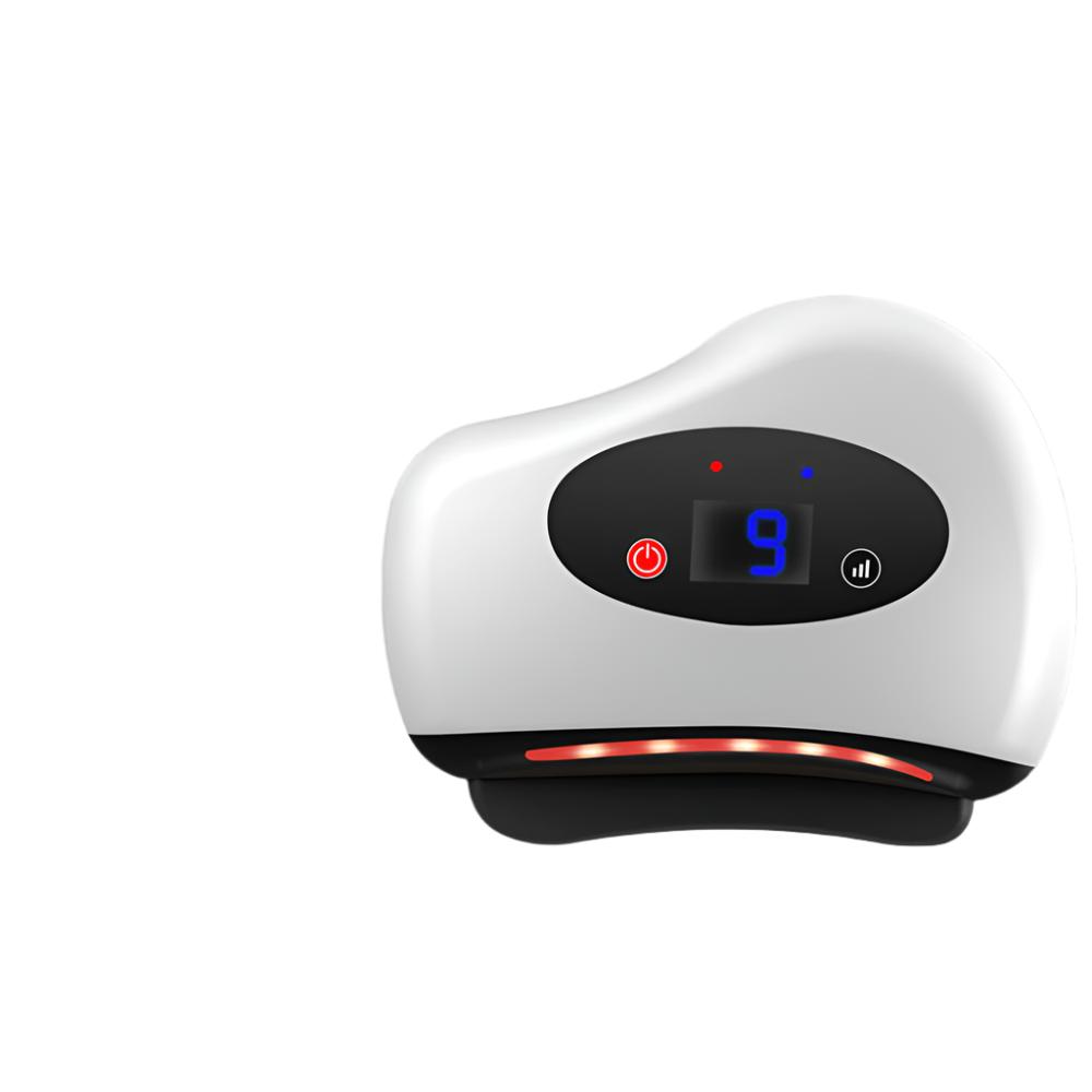 Electric gua sha massager shown from front angle with heated plate and three sculpted edges for gentle face and neck care.