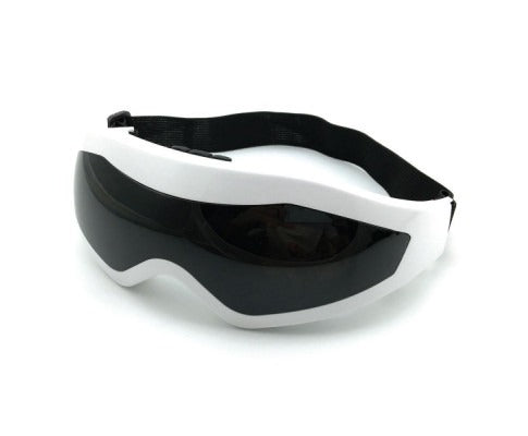 Rechargeable eye care massager in a front angle view with adjustable headband, showing a lightweight ABS and silicone design for 15-minute sessions.