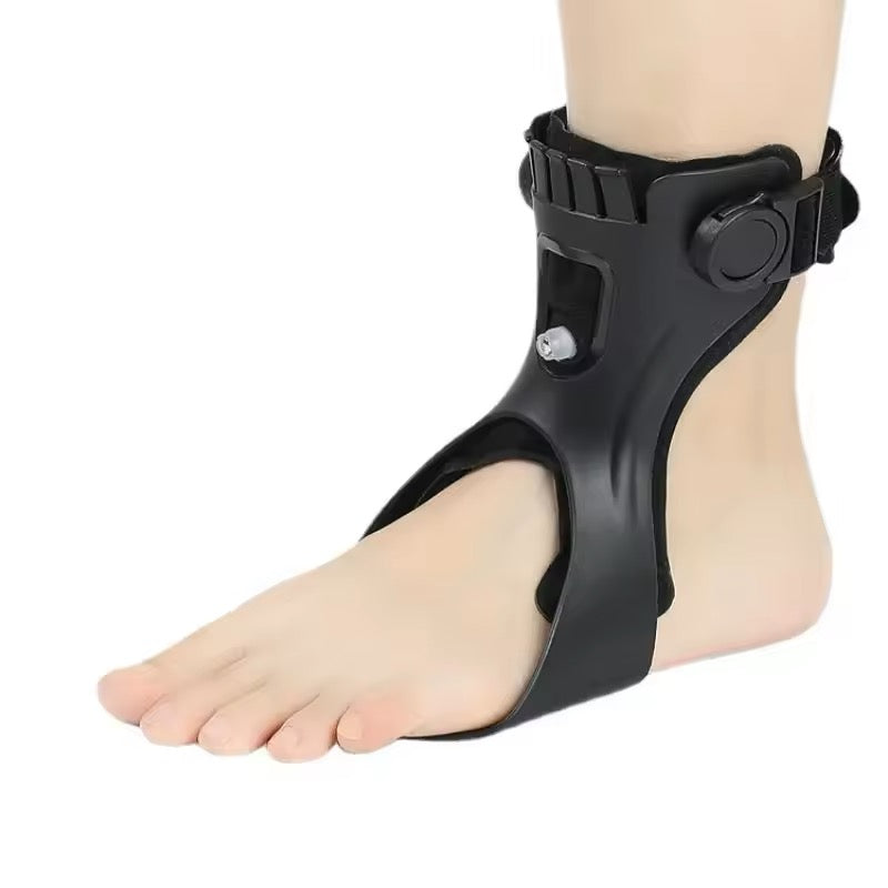 Adjustable foot drop orthosis brace front view with ankle strap and inflatable support, designed to help stabilise the foot.