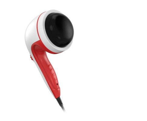 Bold red handheld body massager with four interchangeable heads in a front view to help support relaxed muscles.
