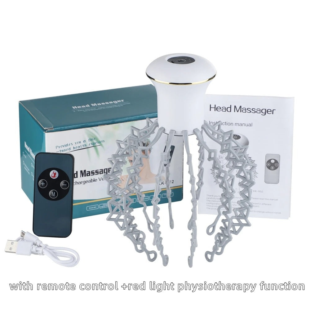 Wireless 12-claw head massager shown front on with 120 soft touchpoints and six modes, designed for gentle scalp relaxation without hair pulling.