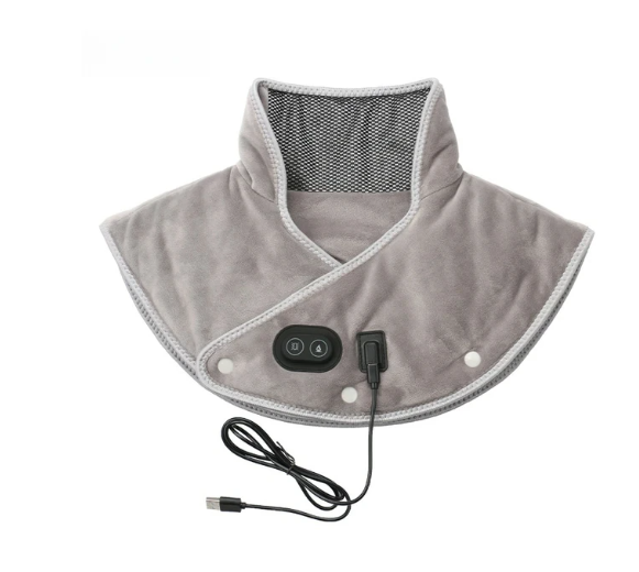 USB heated neck and shoulder pad in grey, front view, showing plush mink velvet fabric and simple controller for three heat levels.