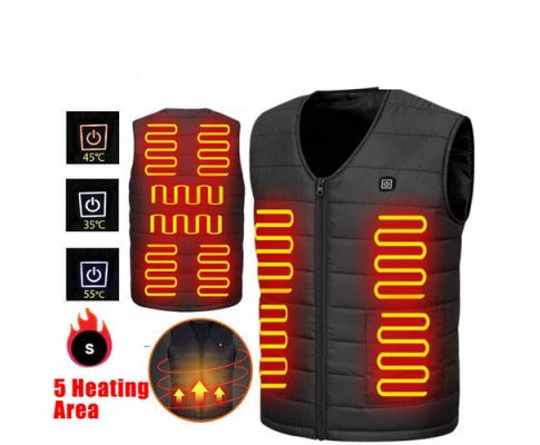 Black unisex USB heated vest shown front on, highlighting five carbon fibre heating zones that help keep the core and back comfortably warm in winter.