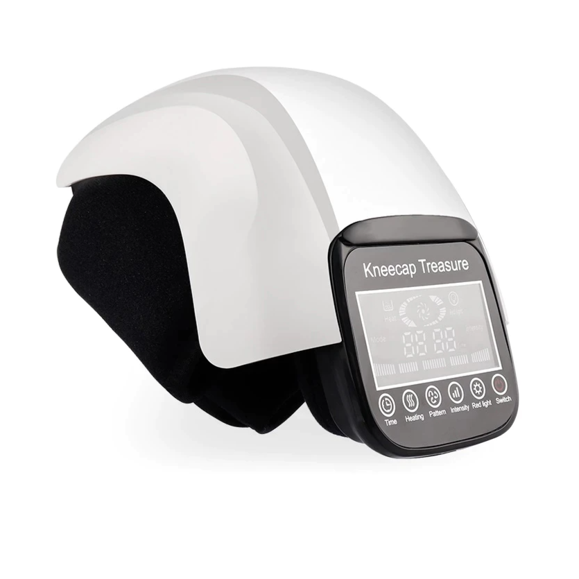 Infrared knee massager, front hero view, showing adjustable straps and control panel to help support warmth and compression on the knee.