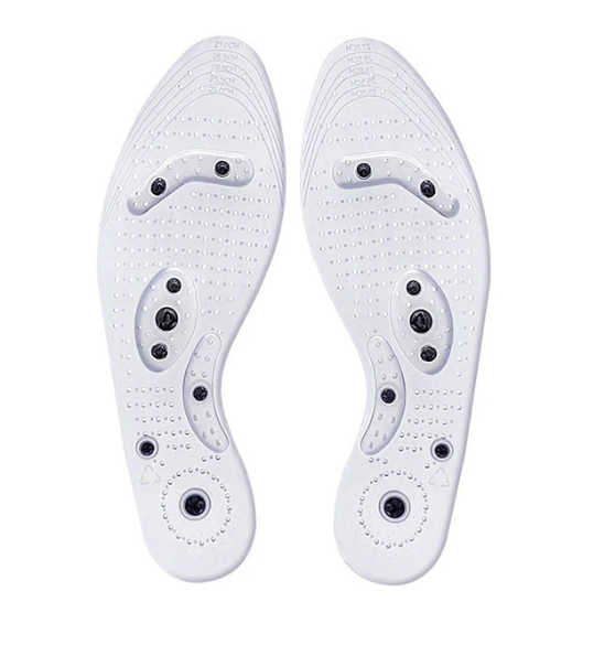 Unisex magnetic reflex acupressure insoles in hero view showing eight magnet points and breathable trim-to-fit design for everyday comfort.