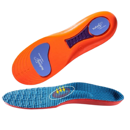 Pair of sports insoles in hero view showing trim-to-fit size lines and shock-absorbing EVA layer that supports the arch during activity.