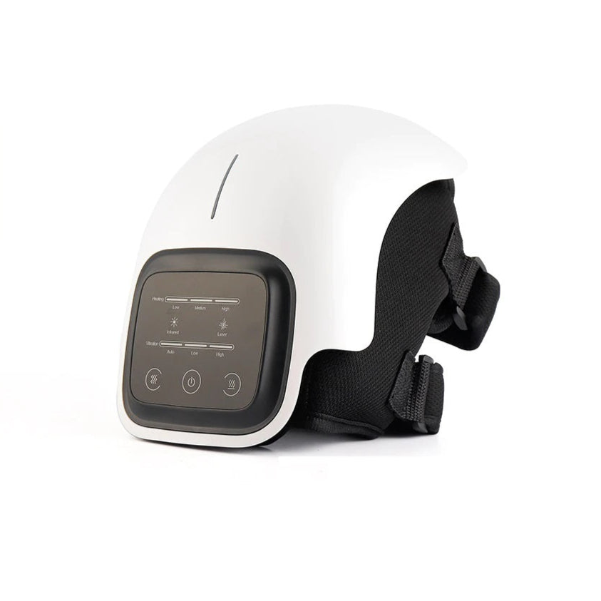 Heated knee massager wrap in white, hero view showing LED controls and adjustable straps, designed to provide soothing heat and gentle vibration.