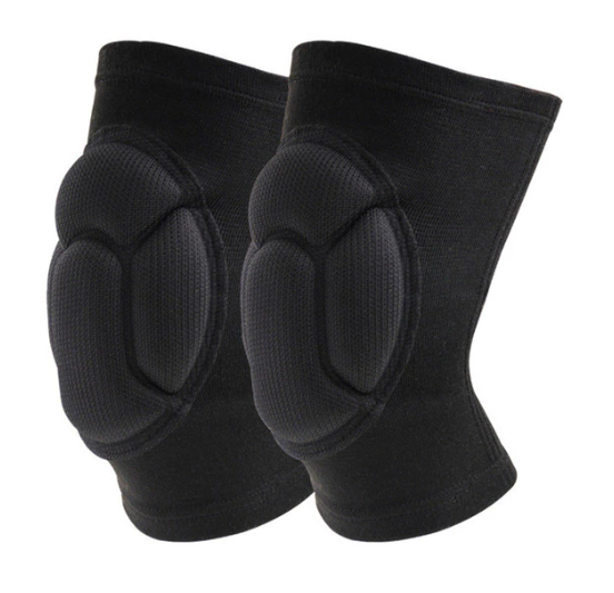Sports knee pad in black, hero view, thickened sponge cushioning with smooth polyester knit designed for comfortable adult training and floor exercises.