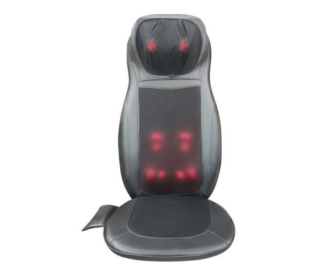 Black shiatsu chair seat massage cushion in front view showing adjustable neck nodes, back kneading track, heat indicator, and remote holder.