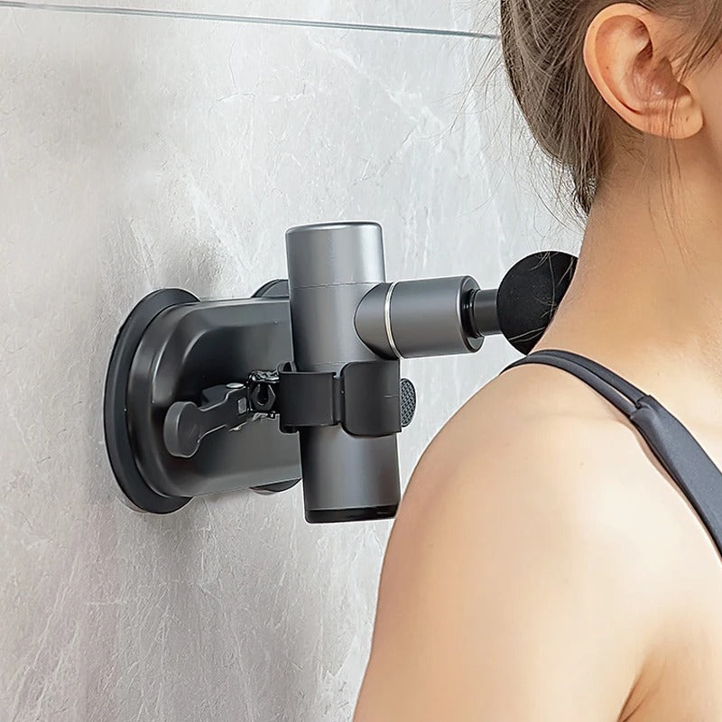 Universal wall suction massage gun bracket shown front on with dual suction cups, fits 4.5–5.5 cm handles and includes 18 mm extended head.