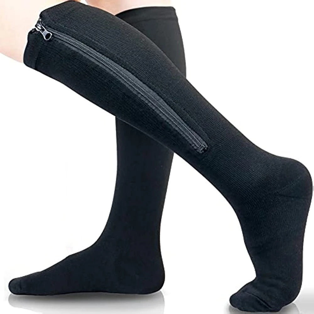 Closed toe zipper compression socks, front view on legs, designed to support circulation and comfort during long days.