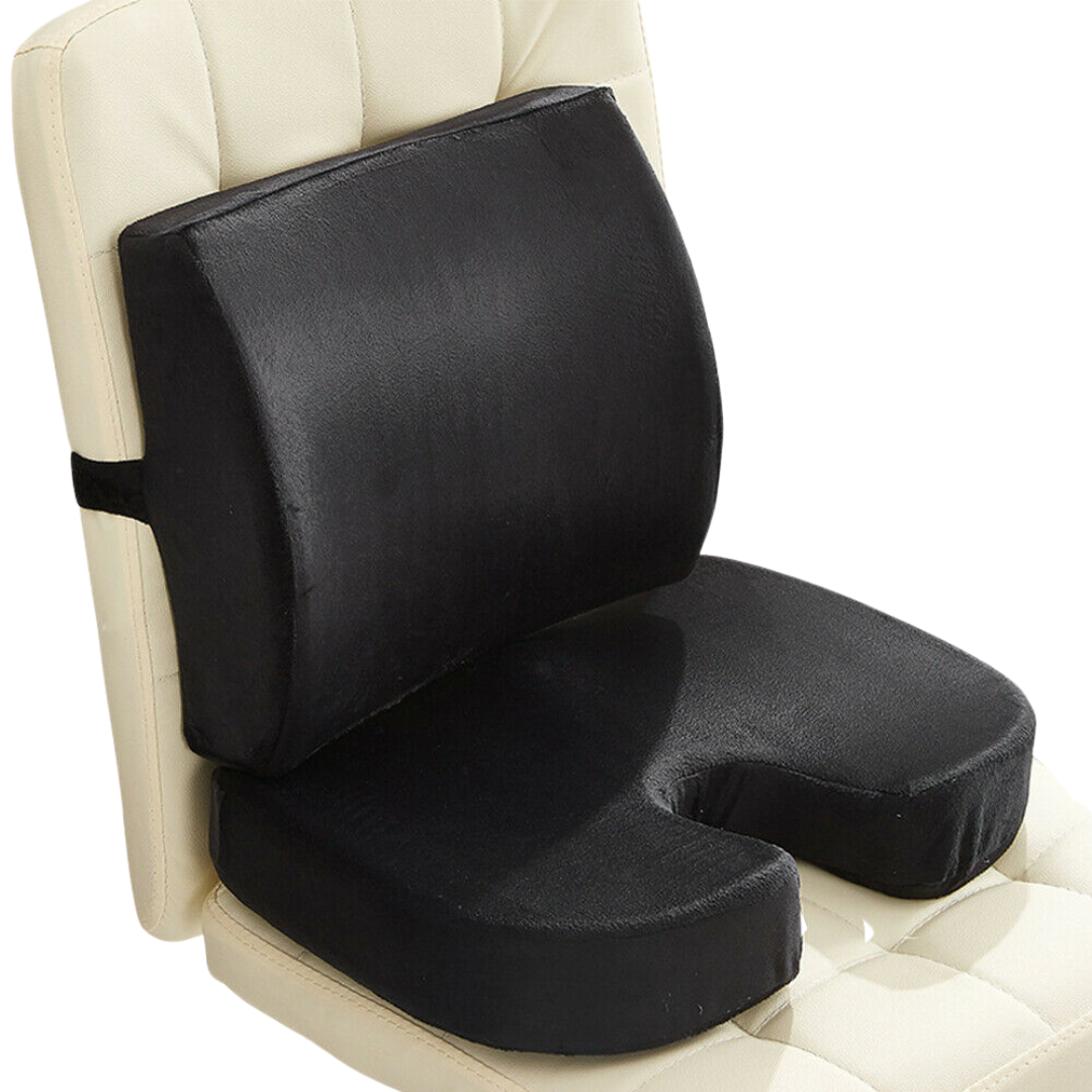 Black memory foam seat and back cushion set with cooling gel panel, front view on a chair to support back and hip comfort.
