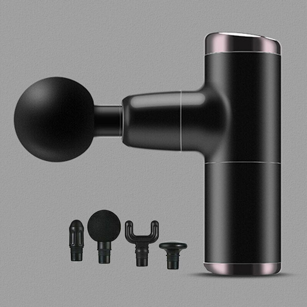 Mini massage gun, hero front view, aluminium finish with four interchangeable heads and LED level indicator, designed to help support full-body recovery.