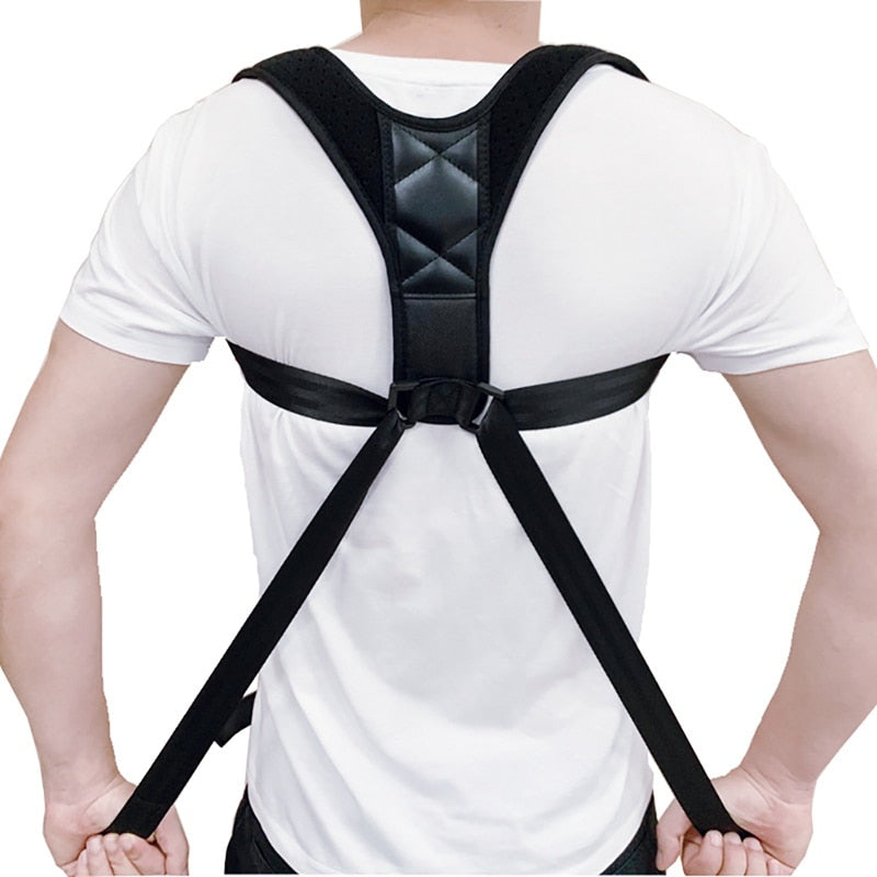 Adjustable black back and shoulder posture brace front view with breathable straps supporting natural upper back alignment.
