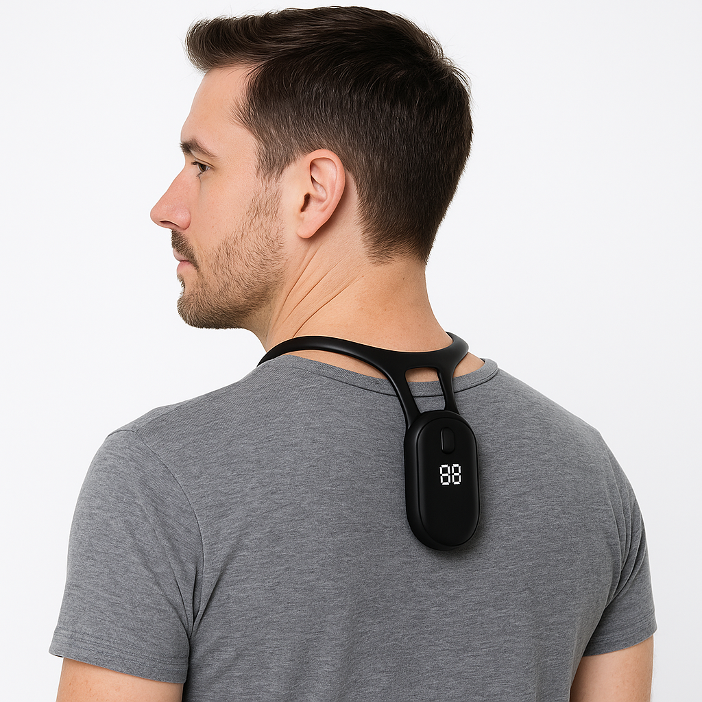 SmartSense posture trainer in a front hero view showing adjustable strap and central sensor module that provides gentle vibration posture cues.