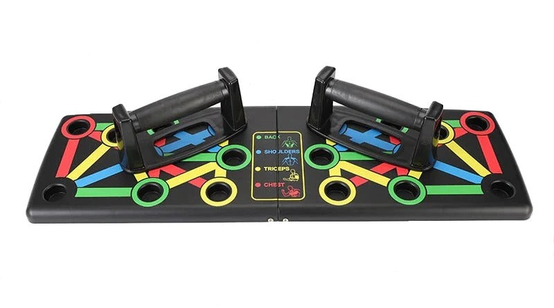 Folding push up board, hero angle, colour-coded positions with padded non-slip handles for 14 upper-body variations and guided home workouts.