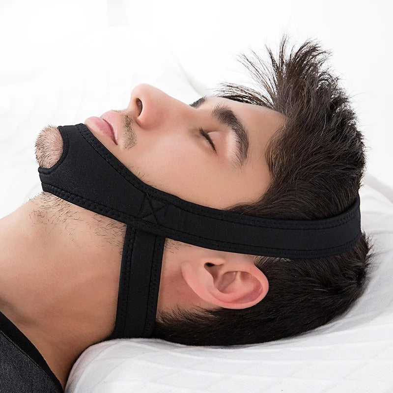 Neoprene anti snore chin strap in front view with adjustable Velcro, designed to support closed-mouth posture for quieter, more comfortable sleep.