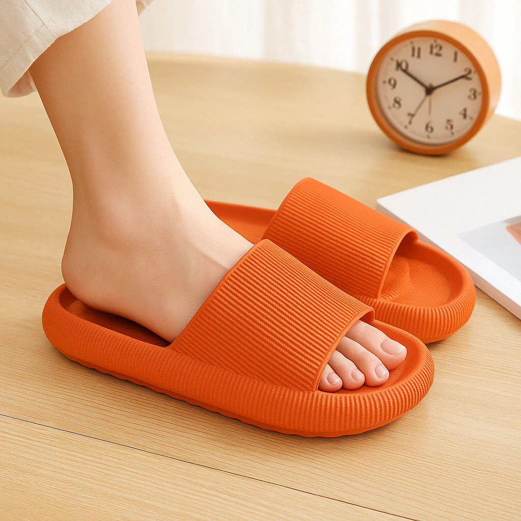 Cloud slippers front view in unisex slide style with cushioned footbed and slip-resistant sole, designed to support comfortable steps at home or on the go.