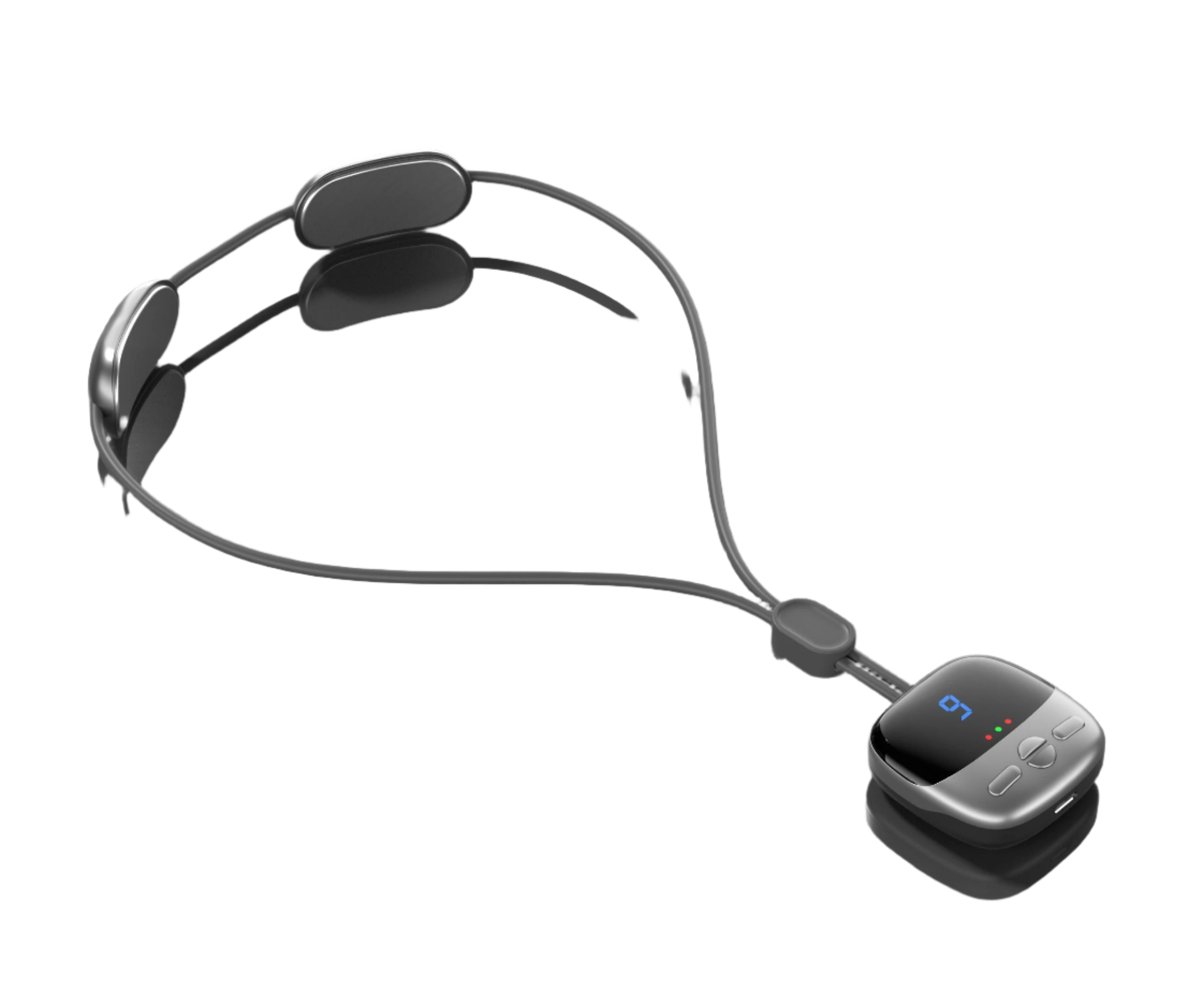 Smart hanging neck cervical spine massager in front view, showing ergonomic pendant design, soft silicone strap and LED controls with heat function.