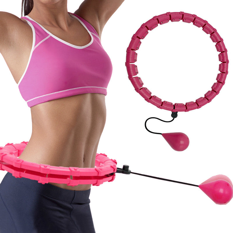 Smart hula hoop front view with 24 adjustable sections and weighted gravity ball, designed to support waist-toning with a secure, cushioned track.