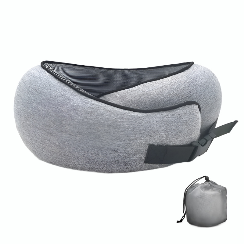 Memory foam travel neck pillow in front view showing raised side lobes and breathable zip cover, designed for ergonomic support during flights.