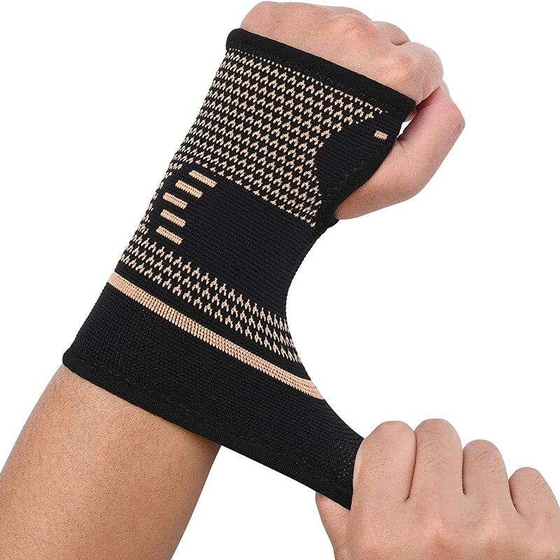 Copper wrist compression sleeve in black, hero front view, showing breathable knit and copper-infused fabric that helps support everyday comfort.
