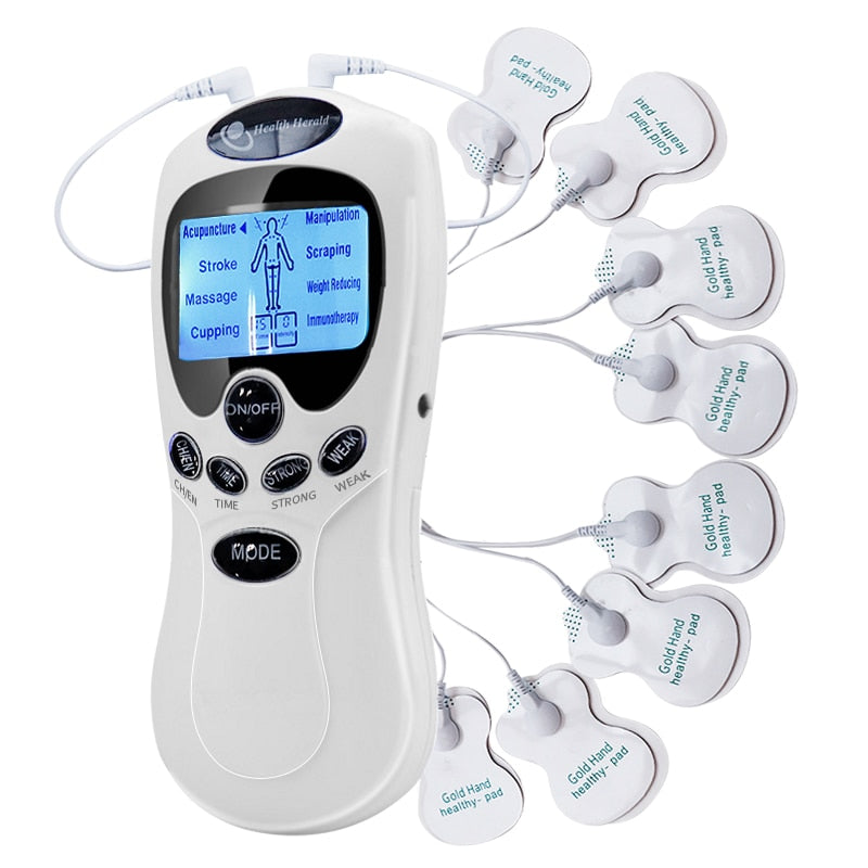EMS TENS muscle stimulator, front view with electrode pads and cables shown, highlighting 15 intensity levels and quick 5–15 minute session control.