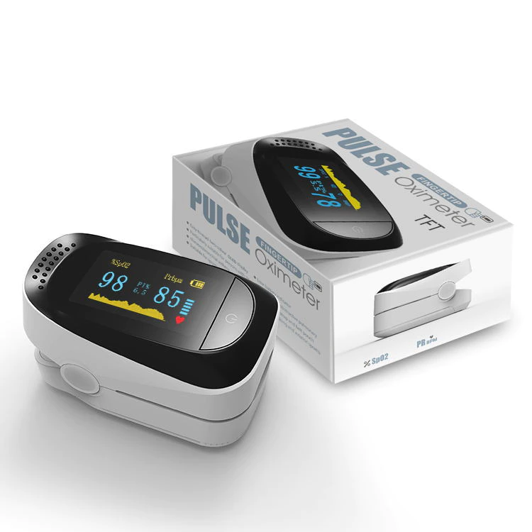Finger pulse oximeter, front view, showing OLED display for SpO2, pulse rate, and perfusion index with compact fingertip clip design.