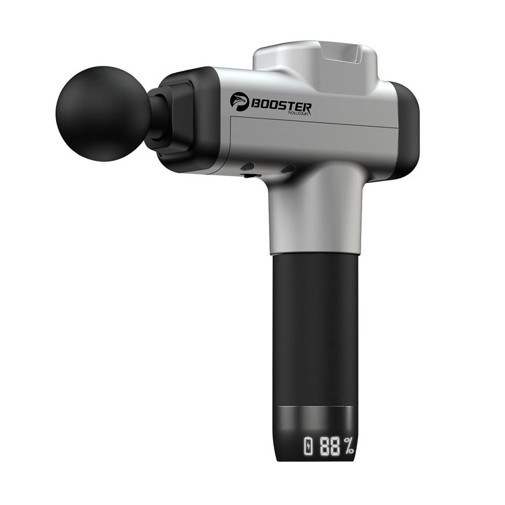 M2 massage gun front view showing handheld design for back and neck use, highlighting percussive head for targeted muscle relief.