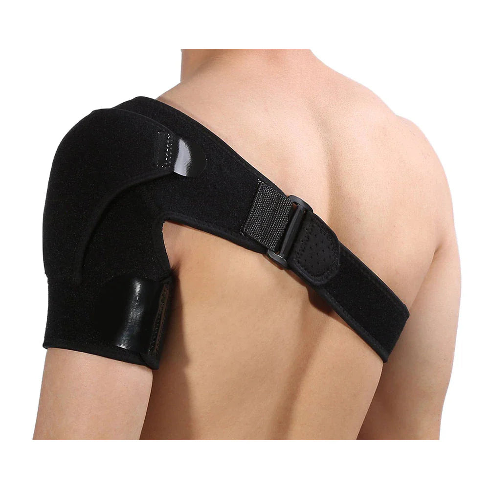 Adjustable shoulder brace, front angle, showing slim spandex sleeve with compression straps, pressure pad, and left or right wearable design for adult fit.
