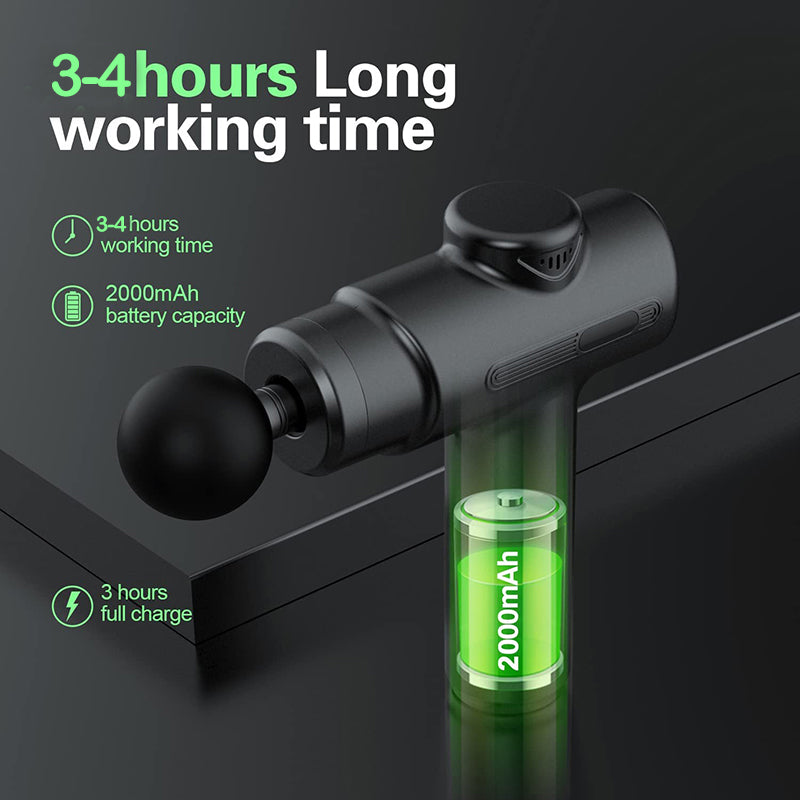 Black massage gun with battery indicator on a dark background, highlighting working time and battery capacity.