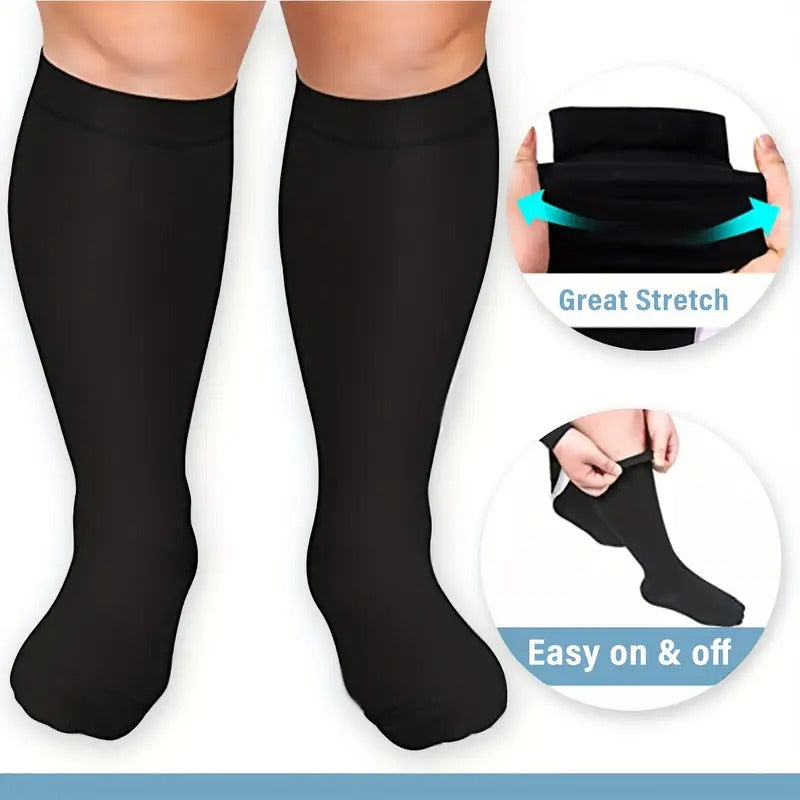 Black knee-high socks with stretch feature and ease of wear on a white background