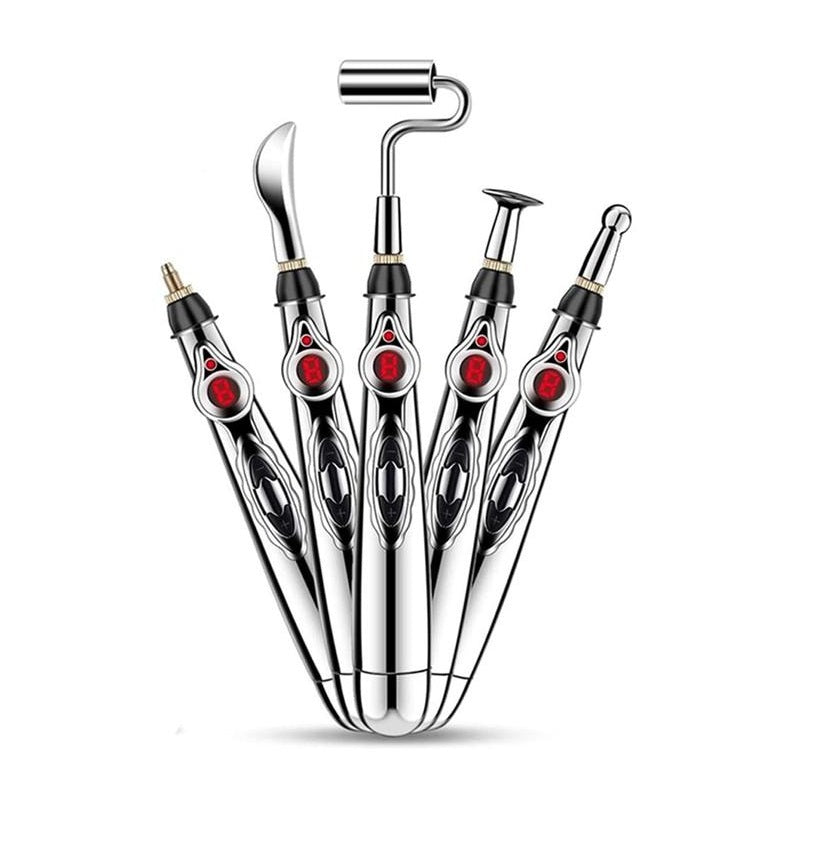 Laser acupuncture pen massager in hero front view with five interchangeable heads, showing simple +/- controls and stainless steel tip.