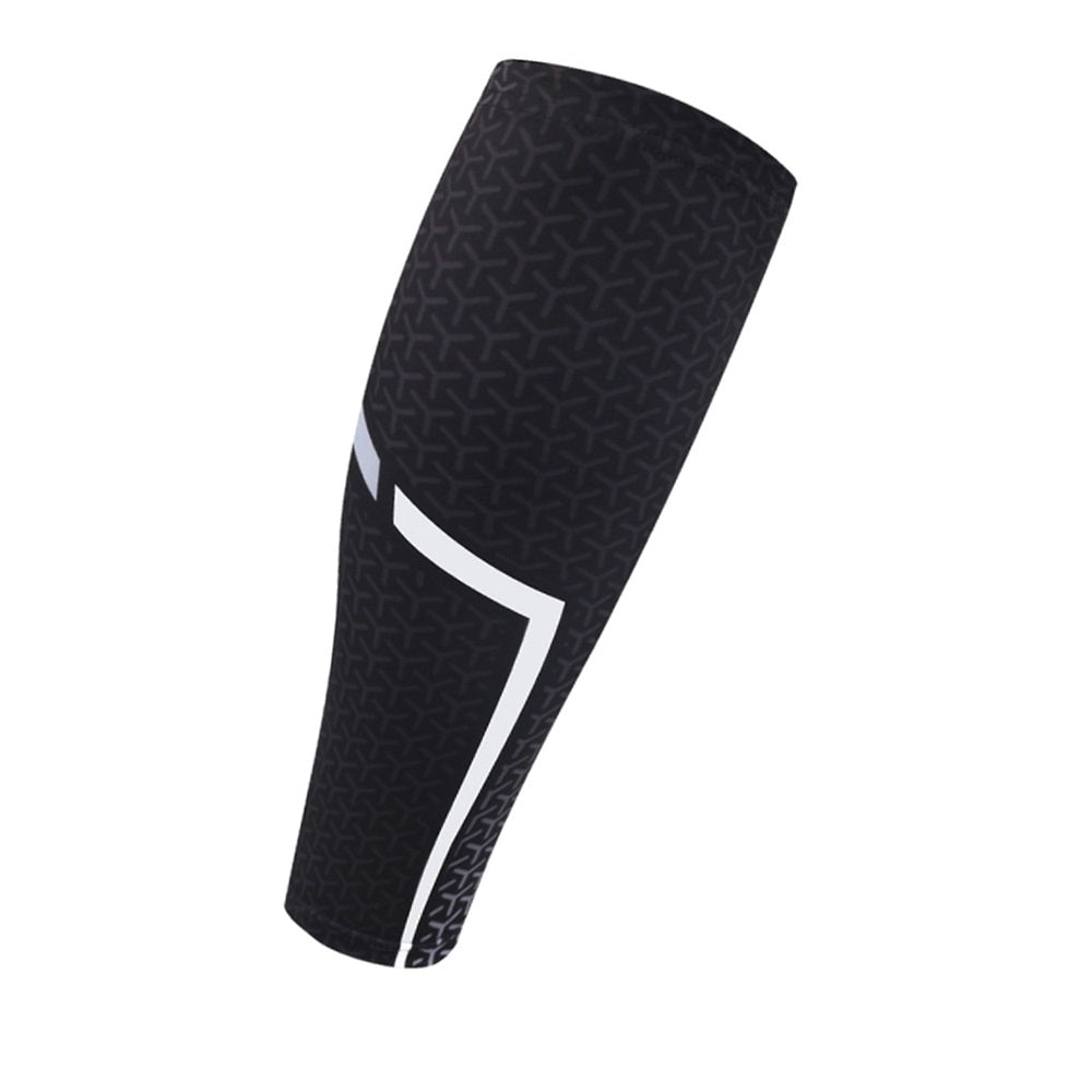 AMS calf compression sleeves, hero angle, showing seamless polyester–spandex knit with anti-slip silicone strip and graduated design for training and recovery support.