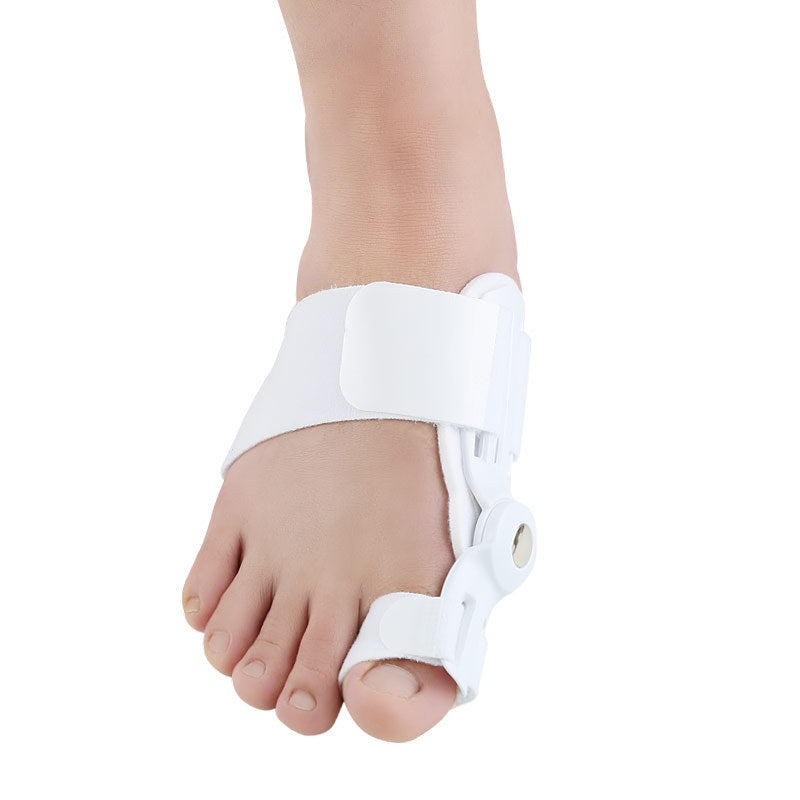 Adjustable bunion corrector front view showing soft breathable fabric and hook-and-loop straps, designed to support big toe alignment on either foot.