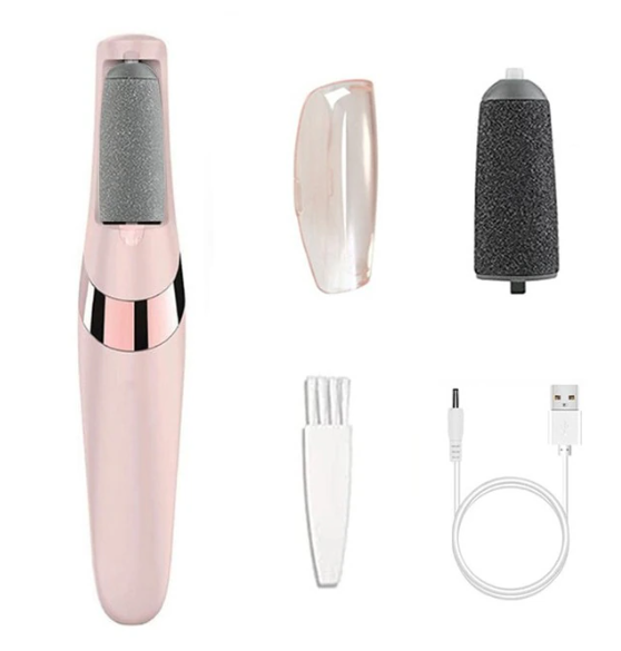 Cordless electric foot grinder in a front hero view showing ergonomic wand design, two-speed control, LED light, and replaceable roller head.