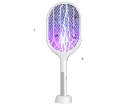 Electric insect swatter racket with charging base in front view, showing six violet LEDs and power indicator for 2-in-1 swat and trap use.