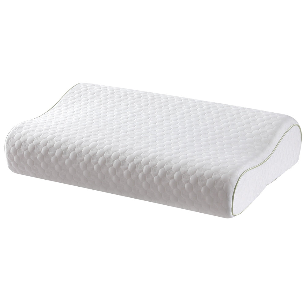 ErgoComfort contoured memory foam neck pillow in white, front view, with ergonomic curve that helps support neck alignment.