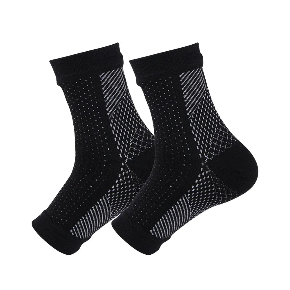 Foot and ankle compression socks open-toe front view showing snug 20-30mmHg graduated support for everyday standing and walking comfort.