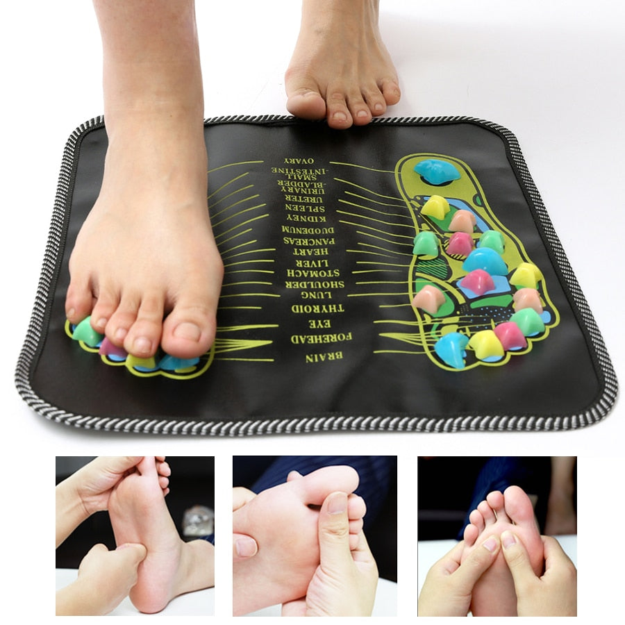 Reflexology foot massage mat, hero view showing textured stone layout for acupressure walks, foldable design that helps support circulation and relaxation.